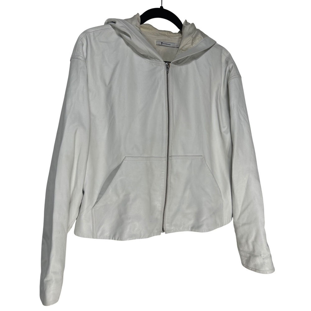 T by Alexander Wang Lambskin Leather Zip Up Hoodie Jacket Ivory Women's Size L